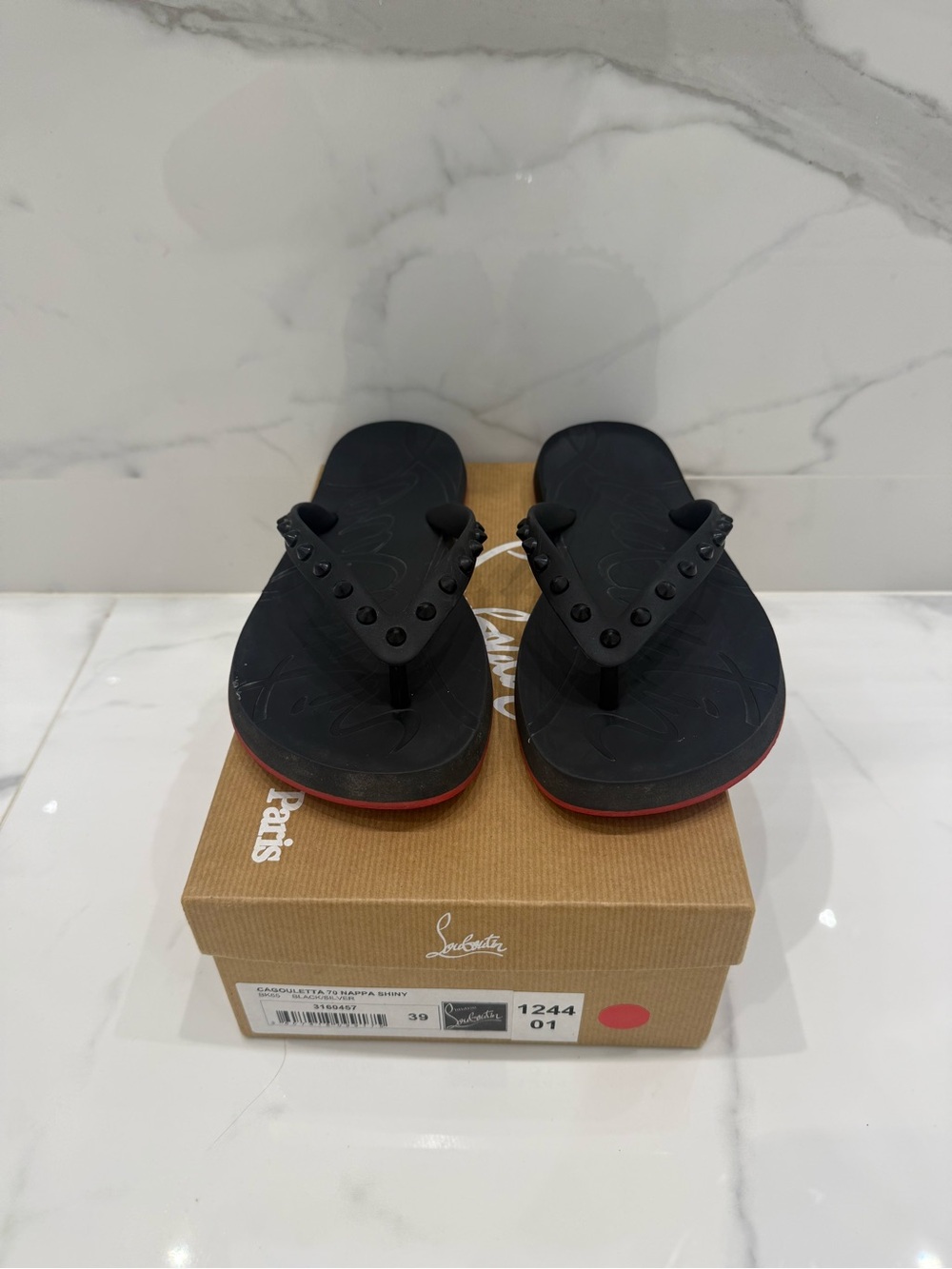 Christian Louboutin Black Flip Flops with Red Sole Trim and Studded Straps - Picture 4 of 8